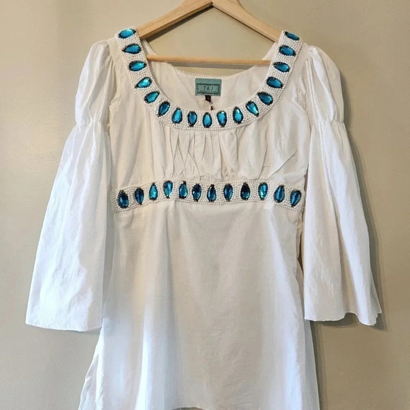 TAJ By Sabrina Crippa Handmade Beaded Bohemian Bell Sleeve Cotton Tunic Blouse S - Picture 3 of 14
